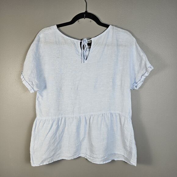 Saks Fifth Avenue Linen Peplum Top Short Sleeve Pale Blue Tie Back Size Medium - Picture 2 of 5